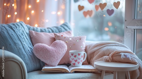 Cozy Living Room Decor with Heart Cushions and Warm Beverage