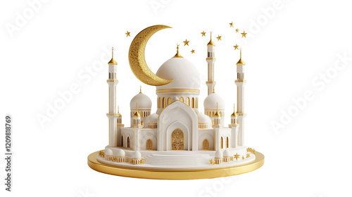 3D rendering, Islamic mosque, crescent moon, golden stars, white and gold color scheme with transparent background
