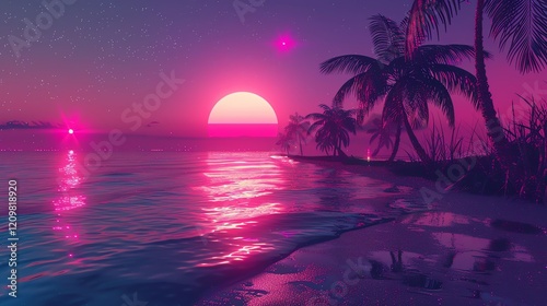 A retro-futuristic tropical beach scene with palm trees and a glowing moon in the night sky.