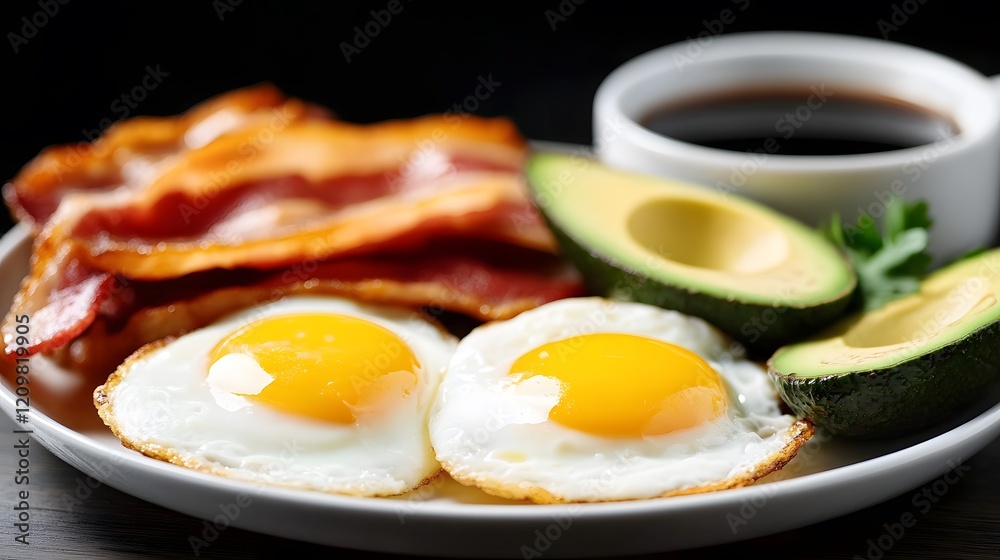Sunny-side up eggs, bacon, avocado, coffee breakfast Sunny-side up eggs, bacon, avocado, coffee breakfast