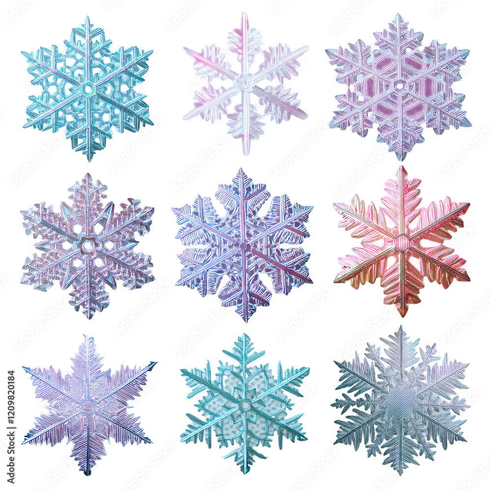Various crystal snowflakes in pastel colors isolated on transparent background Various crystal snowflakes in pastel colors isolated on transparent background