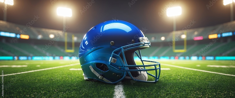 Fototapeta premium Brightly lit football field with a shiny blue helmet resting on the turf during a night game.