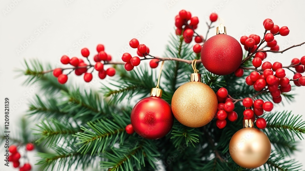 Christmas Banner Header - Green Tree, Red Berries, Balls Christmas Banner Header - Green Tree, Red Berries, Balls