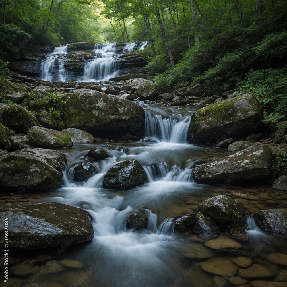 Obraz premium Waterfalls Cascading in the Blue Ridge Mountains – Lush forests surrounding cascading streams.