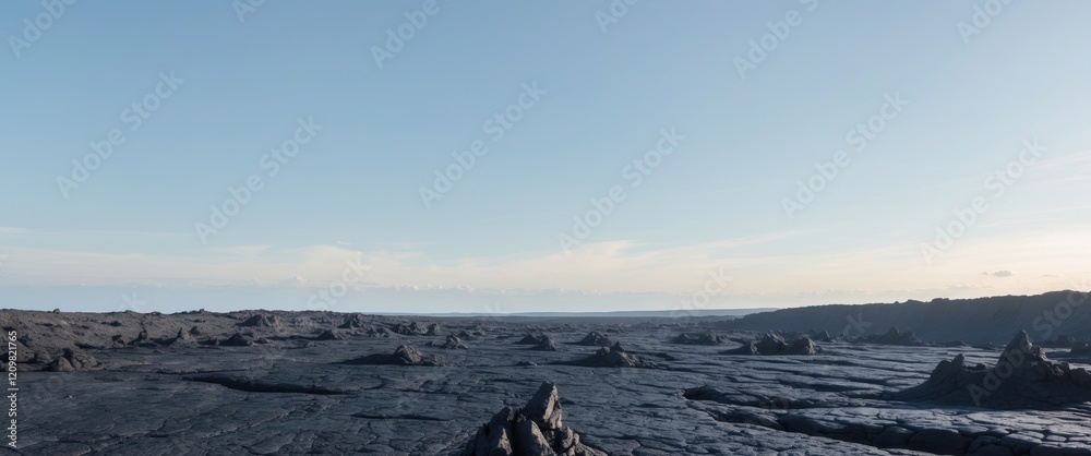 Fototapeta premium Cinematic view of rugged lava fields with black rock formations under a clear blue sky.