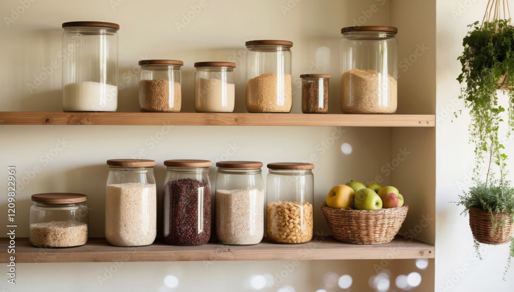 Eco-friendly glass jars replace plastic in a zero-waste pantry, neatly displayed on wooden shelves, merging practicality with sustainability. Eco-friendly glass jars replace plastic in a zero-waste pantry, neatly displayed on wooden shelves, merging practicality with sustainability.