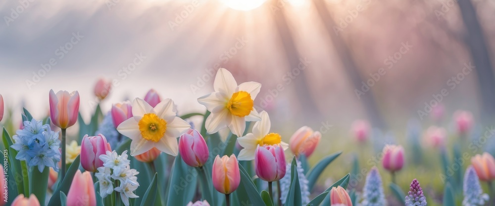Obraz premium Colorful Spring Flowers Blooming at Sunrise with Soft Natural Landscape Background