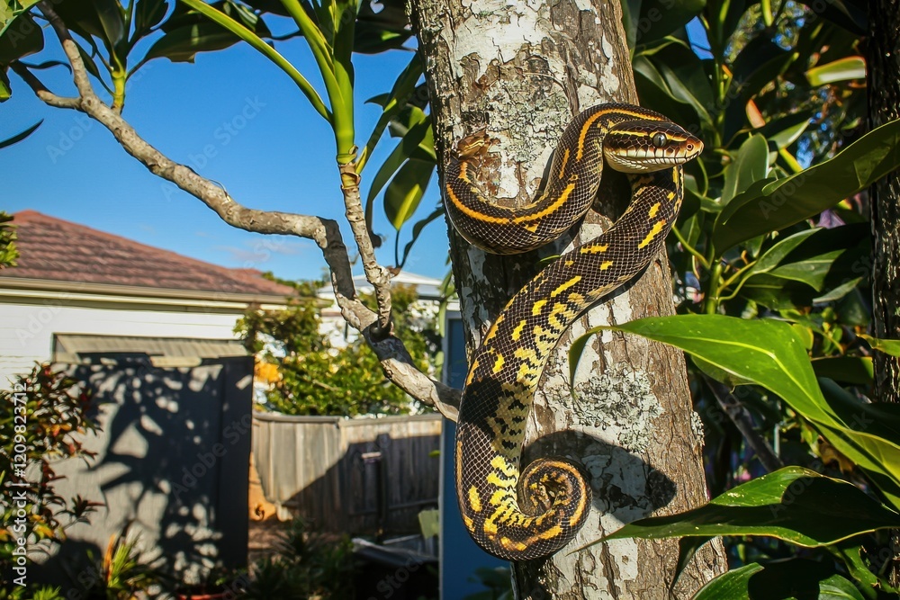 Obraz premium A carpet python coiled around a tree trunk in a suburban backyard, blending with the tree's bark and leaves