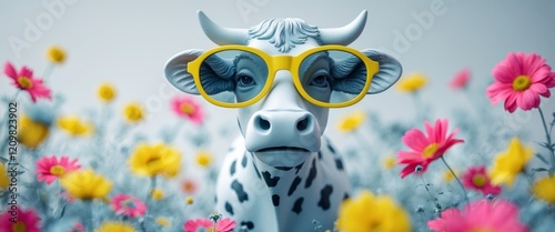 Creative cow sculpture with yellow sunglasses and colorful flowers. photo