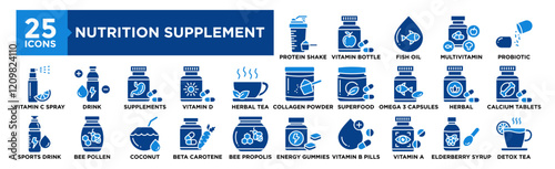 Nutrition Supplement icon collection set. Containing design nutrition, supplement, health, food, vitamin, medical	