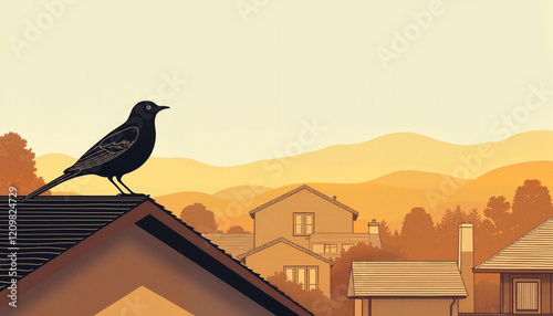 Silhouetted Black Bird Perched Quietly on Sunset-Lit House Roof