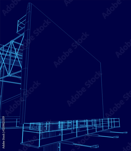 Blue drawing of a building with a large screen on the side. The building is tall and has a modern design. The screen is large and rectangular, and it is not clear what it is for