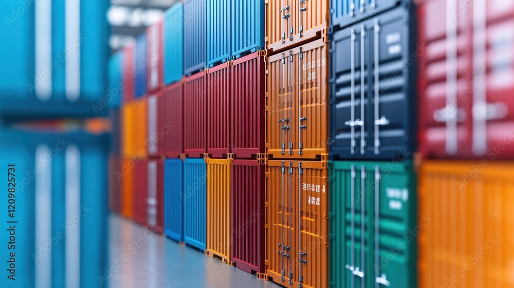 Fototapeta premium Colorful Shipping Containers Stacked in a Modern Freight Facility