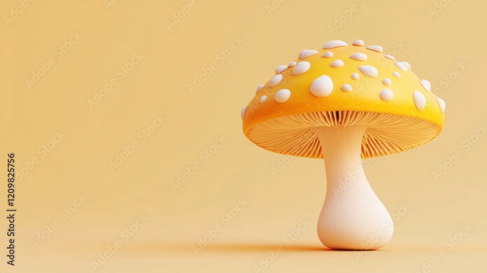 A cartoon mushroom with a yellow cap and white dots, on a light orange background. A cartoon mushroom with a yellow cap and white dots, on a light orange background.