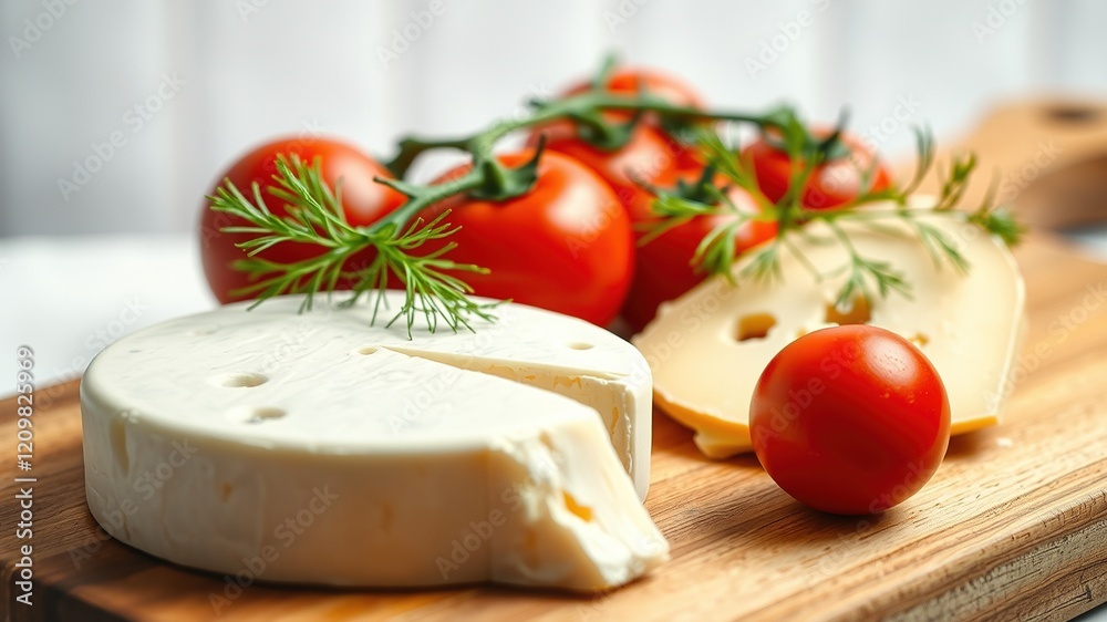 Delicious Cheese & Tomatoes on Wooden Cutting Board with Dill Delicious Cheese & Tomatoes on Wooden Cutting Board with Dill