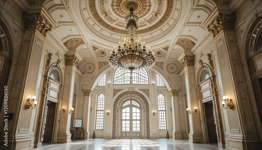 Obraz premium An elaborate entrance with a majestic chandelier hanging from the high ceiling.