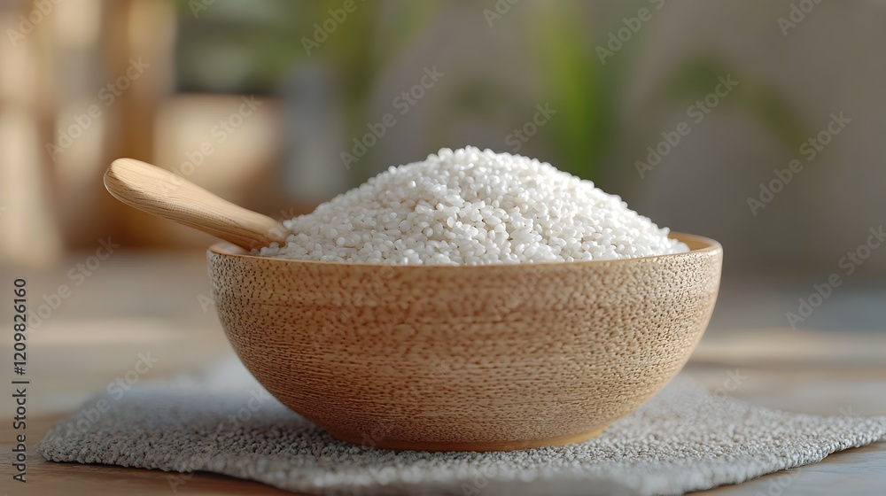 Organic Rice in Wooden Bowl with Spoon 3D of Wholesome Culinary Ingredients Organic Rice in Wooden Bowl with Spoon 3D of Wholesome Culinary Ingredients