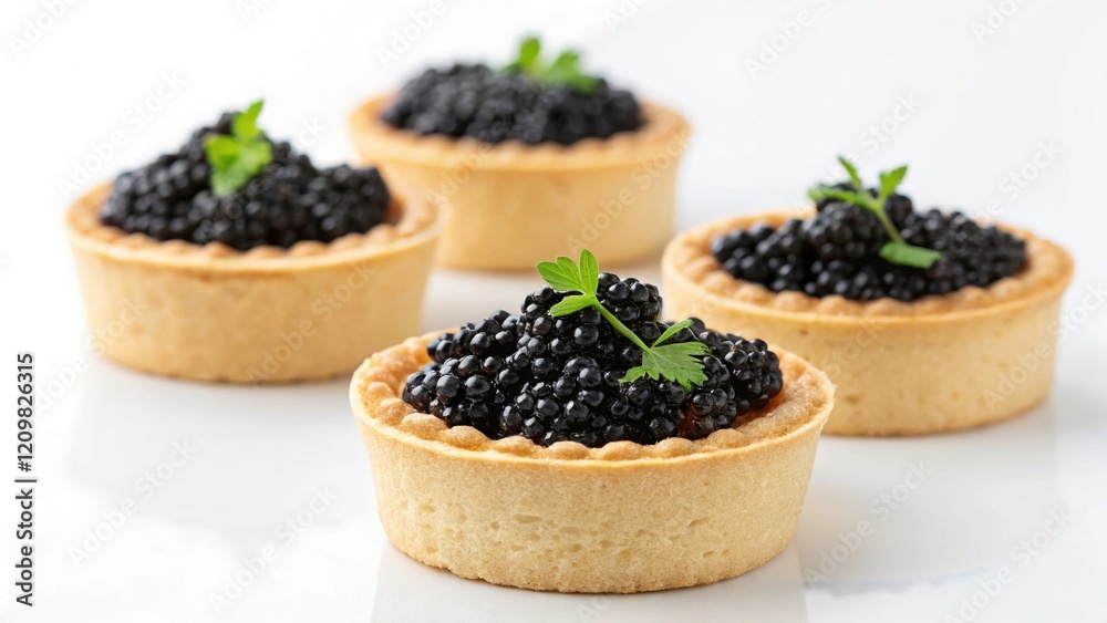Four tartlets filled with black caviar and garnished with fresh herbs, presenting a gourmet delicacy that combines elegance and flavor. Four tartlets filled with black caviar and garnished with fresh herbs, presenting a gourmet delicacy that combines elegance and flavor.