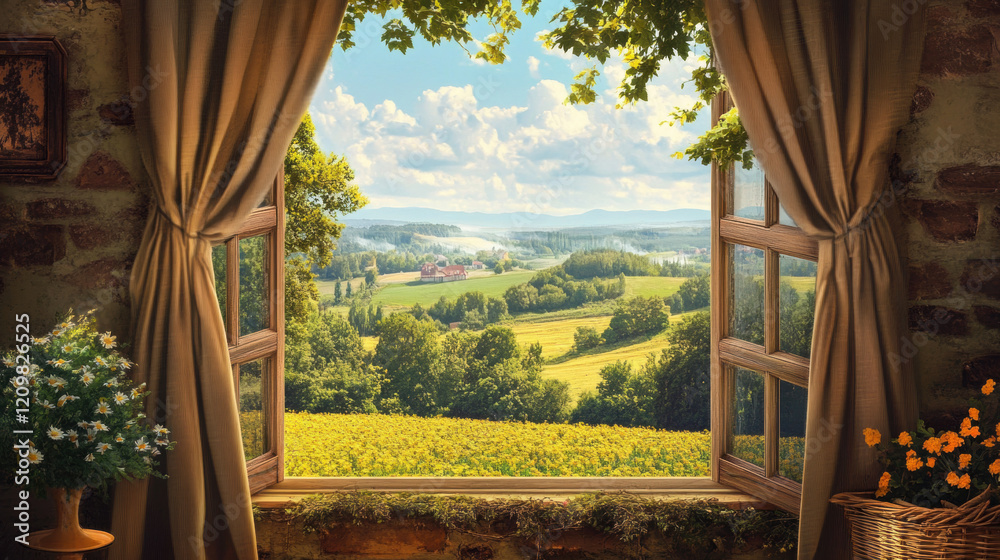 Fototapeta premium Painting drawing Countryside Window views natural nature landscape scene scenery wallpaper backdrop
