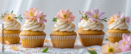 Delightful golden cupcakes adorned with fresh flowers and cream frosting at a festive gathering. photo