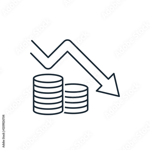 Stacks of coins and arrow down. Financing. Vector linear illustration icon isolated on white background.