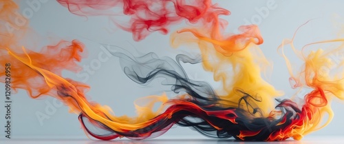 Dynamic swirl of smoke and fire with intense color interplay.