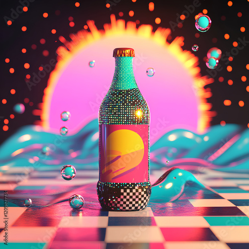 Bottle of soda water from the 80s in neon color with enlarged bubbles, holographic figures.  Checkered surface with glowing neon grid lines. Retro-futuristic inscription classic slogan. Nostalgia photo