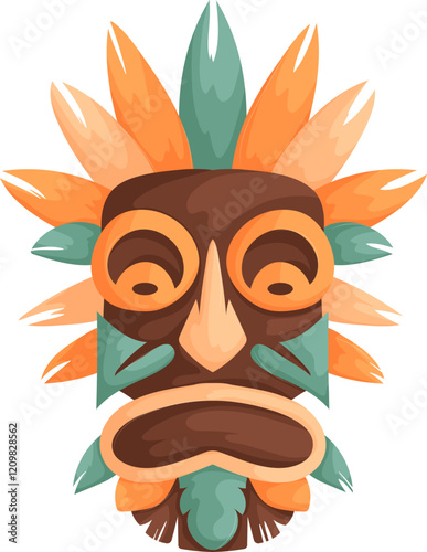 A vibrant tribal mask with bold orange, green, and brown colors, featuring intricate details and cultural symbolism on a white background.