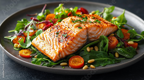 A perfectly panseared salmon fillet rests atop a vibrant bed of mixed greens, roasted cherry tomatoes, and toasted pine nuts photo