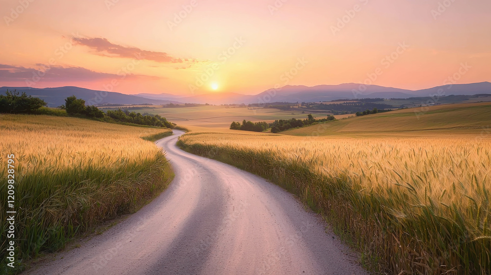 Winding Country Road Through Golden Wheat Fields at Sunset in Serene Countryside Landscape Winding Country Road Through Golden Wheat Fields at Sunset in Serene Countryside Landscape