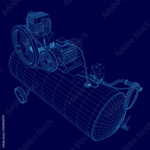 Blue image of a compressor. The compressor is shown in a 3D format, with a blue background. The compressor is a machine that is used to compress air