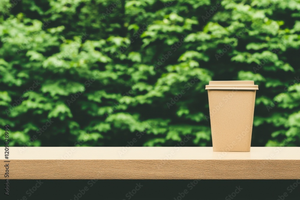 Fototapeta premium A simple brown coffee cup sits on a wooden surface, with a lush green foliage backdrop, evoking a serene outdoor coffee moment.