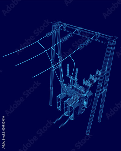 Blue drawing of a power line with a transformer. The drawing is in a 3D format