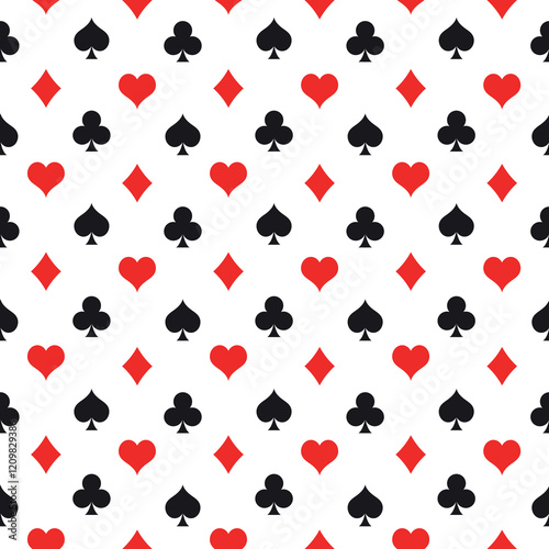 Card suit pattern in royal style. Seamless pattern background of poker suits - arranged in the rows on white background. Casino gambling theme vector illustration.