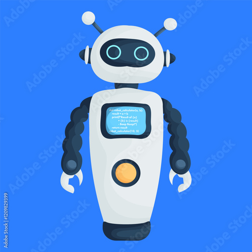 Illustration of a humanoid robot with a digital screen displaying code, featuring a white body and blue background, tech-themed.