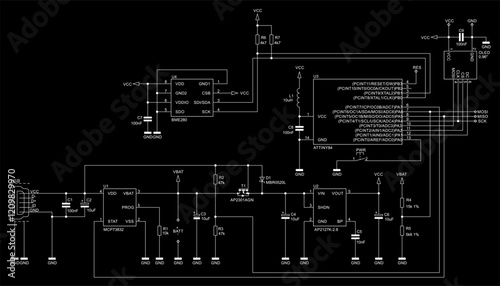 Schematic diagram of digital electronic device 
on paper sheet. Vector drawing electrical circuit with 
integrated circuit, microcontroller,
capacitor, resistor, transistor,
usb connector, inductance 