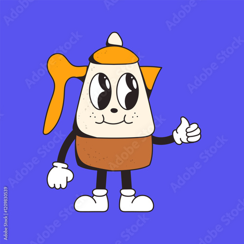 Cute cartoon-style coffee pot character with expressive eyes, smiling face, and thumbs-up gesture on a bright blue background.