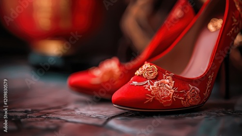Luxurious Red Stilettos with Intricate Floral Embellishments Exuding Feminine Charm and Allure