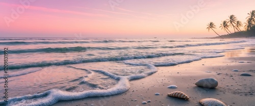 serene beach at sunrise with vibrant pink skies and gentle waves photo