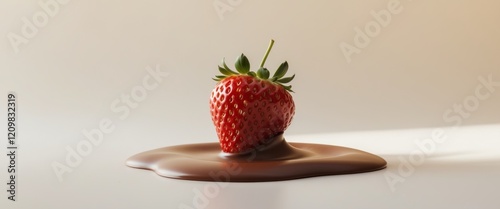 Single strawberry dipped halfway in chocolate photo