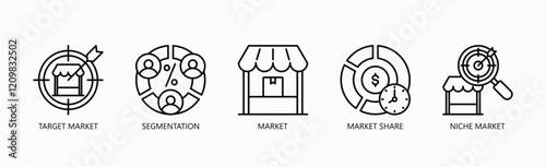 Mastering Market Dynamics Icon Set Isolated Vector With Icon Of Target Market, Segmentation, Market, Market Share, Niche Market In Outline Style