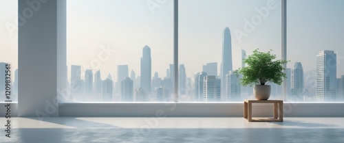 Spacious modern room with large windows and plant overlooking city skyline.