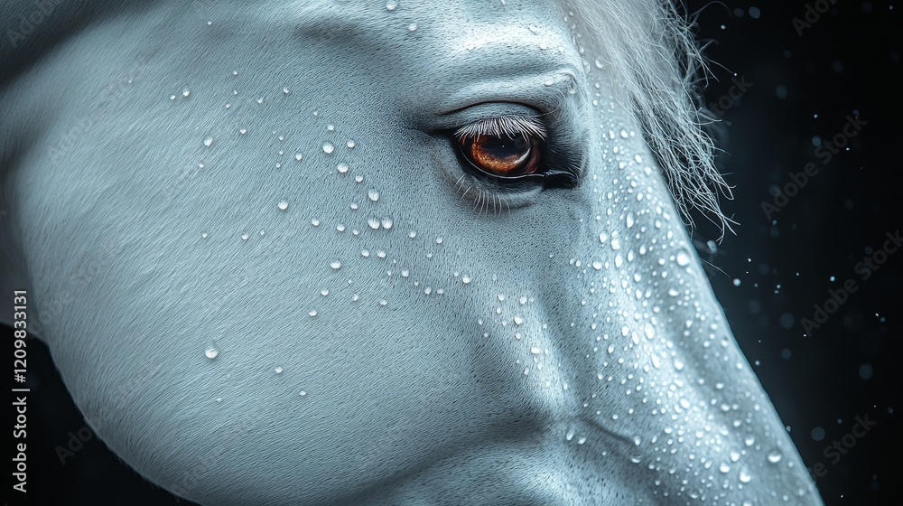 Fototapeta premium A close up of a horse's eye with a droplet of water on it