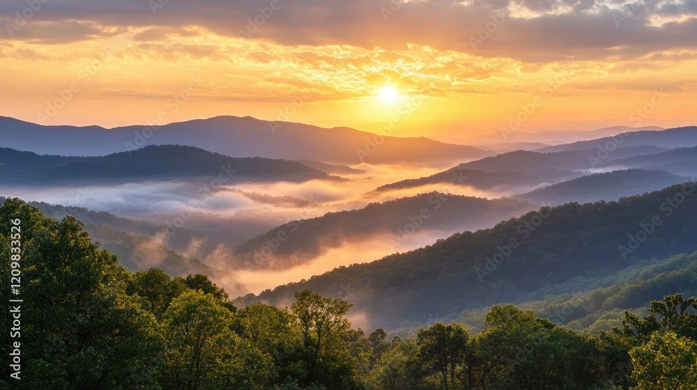 Obraz premium Serene sunrise with soft golden light spreading across misty mountain ranges