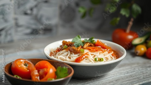 Spicy Thai Yai rice noodle dish with tomatoes sauce served on a plate, Thai food, culinary photo