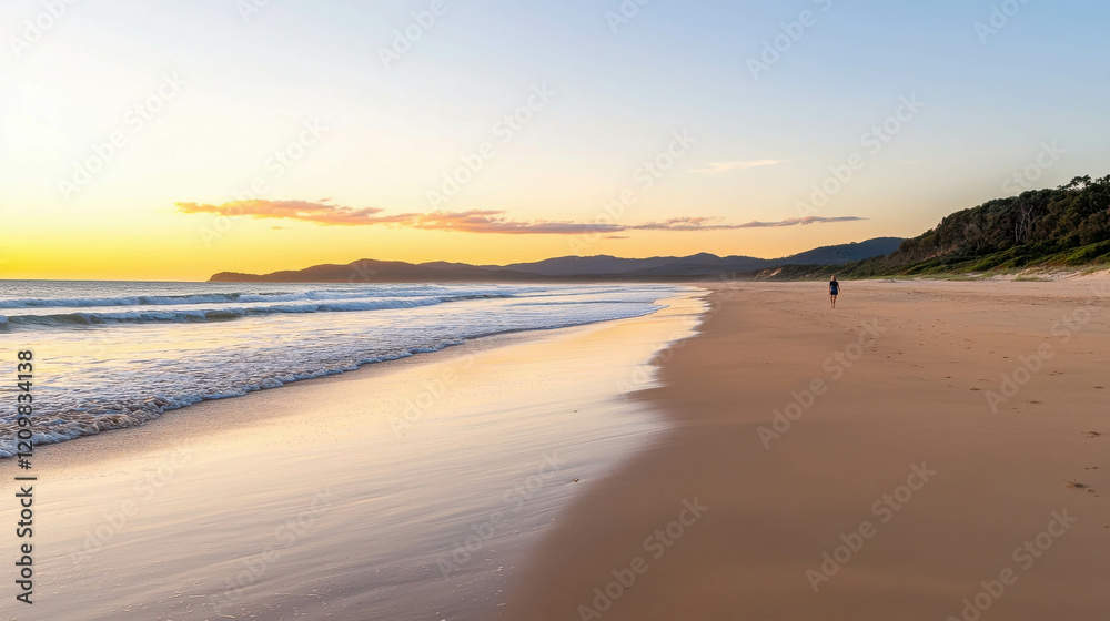 Person Walking Alone on a Deserted Beach at Sunset with Calm Waves and Scenic Horizon View