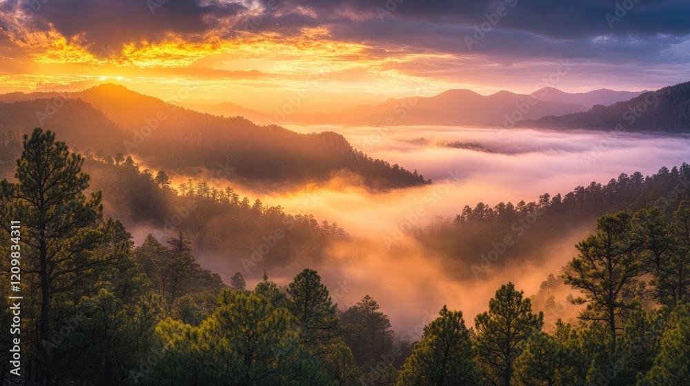 A glowing sunrise scene over misty peaks, golden light piercing through the clouds A glowing sunrise scene over misty peaks, golden light piercing through the clouds