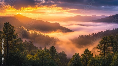 Wallpaper Mural A glowing sunrise scene over misty peaks, golden light piercing through the clouds Torontodigital.ca