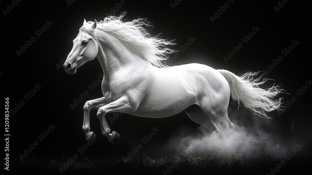 Naklejka premium A white horse is running in the air with its mane flying behind it