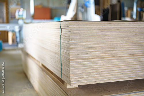 Stack of chipboard and MDF boards for making furniture blanks in a carpentry workshop. Furniture manufacturing plant. photo